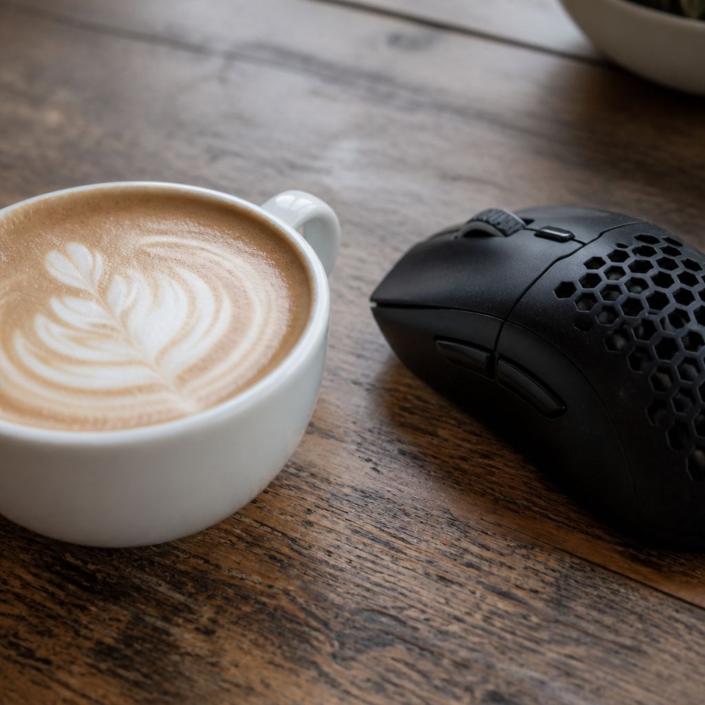 A flat white coffee cup beside a gaming mouse on a wooden café table in soft natural light