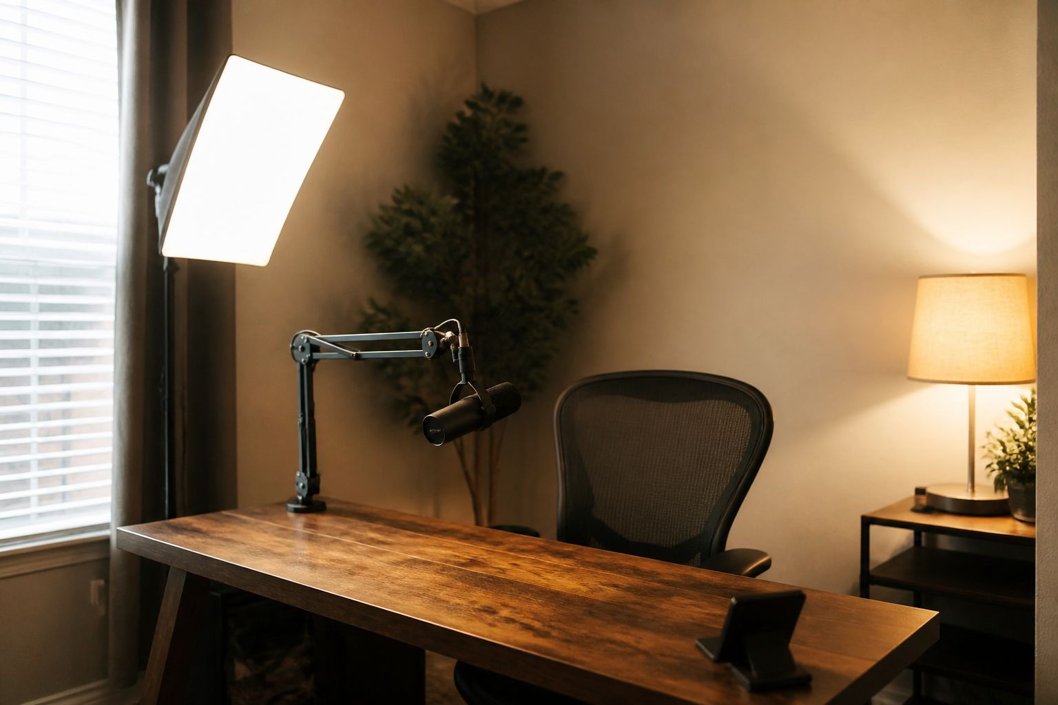 A small clean streaming room with one desk, a microphone arm and a soft key light against warm neutral walls
